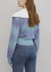 Blue Gradient Color Hollow Out Wool Knit Sweater Zip Up Winter