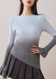 Blue Gradient Knit Sweaters Slash Neck Asymmetrical Fall