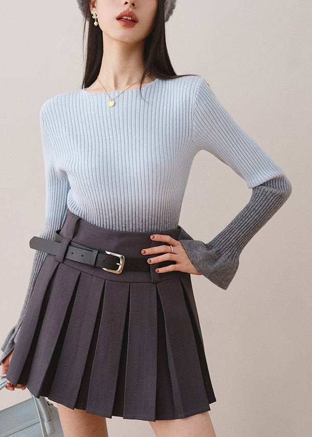 Blue Gradient Knit Sweaters Slash Neck Asymmetrical Fall