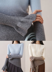 Blue Gradient Knit Sweaters Slash Neck Asymmetrical Fall