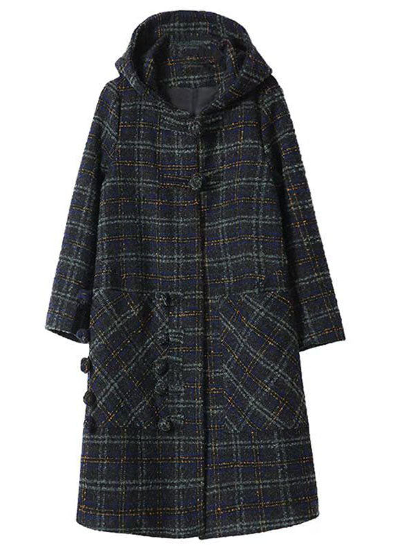 Blue Green Plaid Warm Woolen Coat Outwear Pockets Hooded Winter