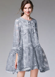 Blue Grey Hollow Out Lace Maxi Dress O-Neck Embroideried Long Sleeve