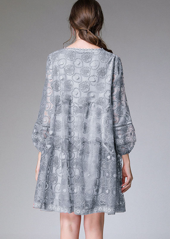 Blue Grey Hollow Out Lace Maxi Dress O-Neck Embroideried Long Sleeve