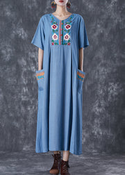 Blue Grey Linen Dress Embroidered Pockets Summer