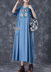 Blue Grey Linen Dress Embroideried Pockets Summer