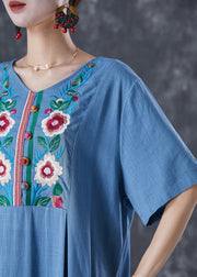 Blue Grey Linen Dress Embroideried Pockets Summer