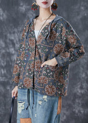 Blue Grey Patchwork Cotton Jackets Hooded Print Fall