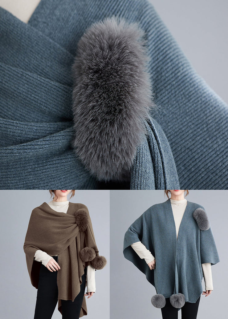 Blue Grey Patchwork Knit Cape Coats Fuzzy Ball Asymmetrical Fall