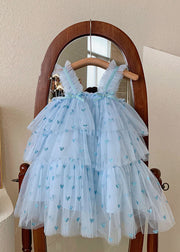 Blue Heart Patchwork Tulle Baby Girls Dresses Bow Wrinkled Sleeveless