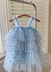 Blue Heart Patchwork Tulle Baby Girls Dresses Bow Wrinkled Sleeveless