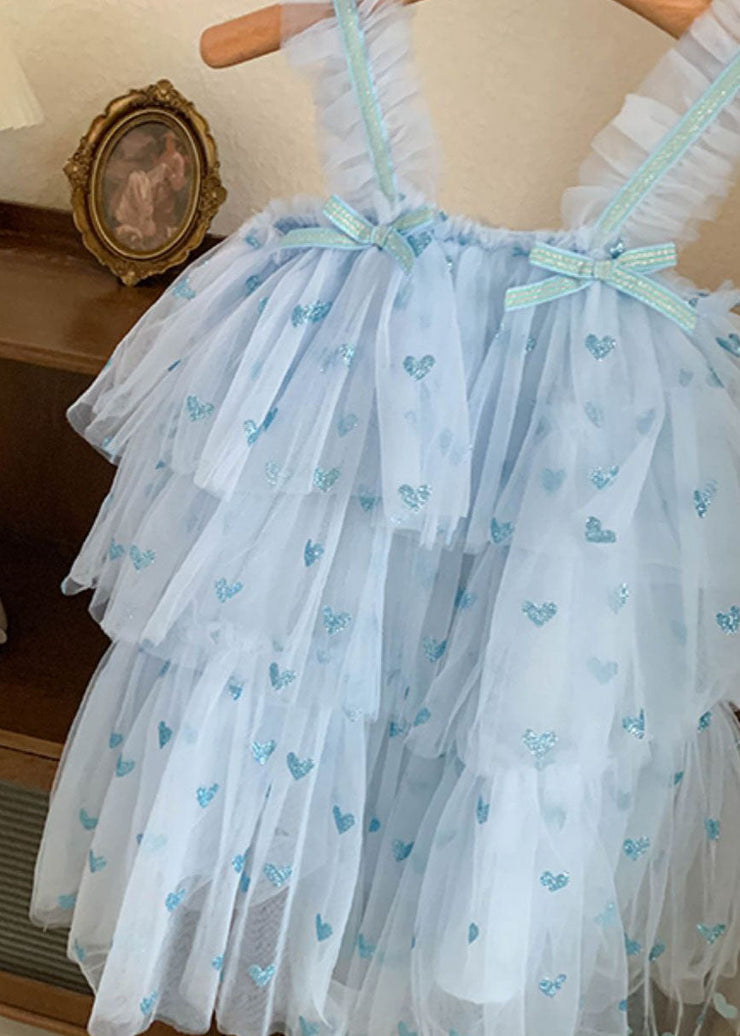 Blue Heart Patchwork Tulle Baby Girls Dresses Bow Wrinkled Sleeveless