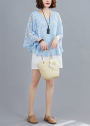 Blue Hollow Out Cotton Shirt Top Embroideried Batwing Sleeve