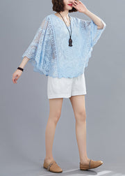 Blue Hollow Out Cotton Shirt Top Embroideried Batwing Sleeve