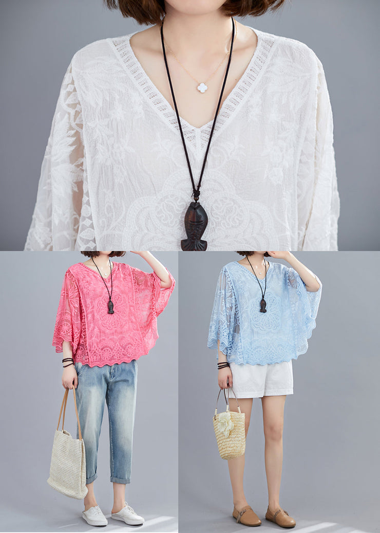 Blue Hollow Out Cotton Shirt Top Embroideried Batwing Sleeve