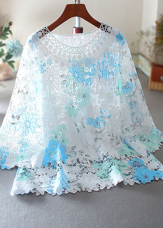 Blue Hollow Out Lace Shirts Embroidered Bracelet Sleeve