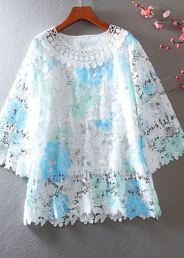 Blue Hollow Out Lace Shirts Embroidered Bracelet Sleeve