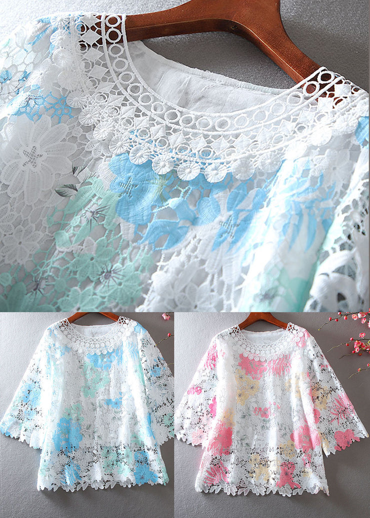 Blue Hollow Out Lace Shirts Embroidered Bracelet Sleeve