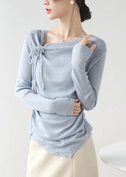 Blue Knit Top Asymmetrical Butterfly Lace Up Spring