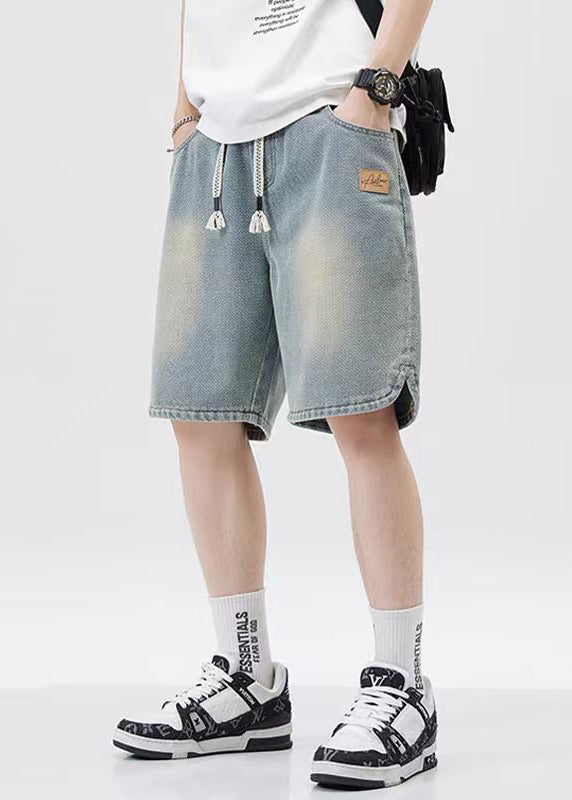 Blue Lace Up Elastic Waist Denim Men Shorts Pockets Summer