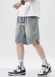 Blue Lace Up Elastic Waist Denim Men Shorts Pockets Summer