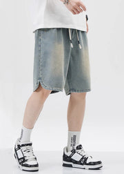 Blue Lace Up Elastic Waist Denim Men Shorts Pockets Summer