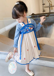 Blue Lace Up Patchwork Cotton Girls Dresses Wrinkled Fall