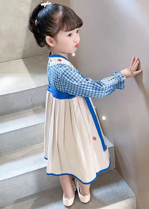 Blue Lace Up Patchwork Cotton Girls Dresses Wrinkled Fall