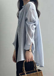 Blue Lace Up Side Open Silk Blouses Peter Pan Collar Spring