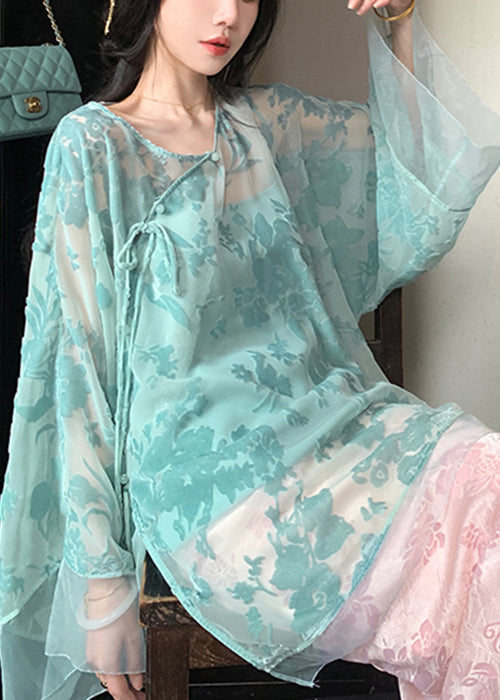 Blue Lace Up Silk Velour Shirts V Neck Batwing Sleeve