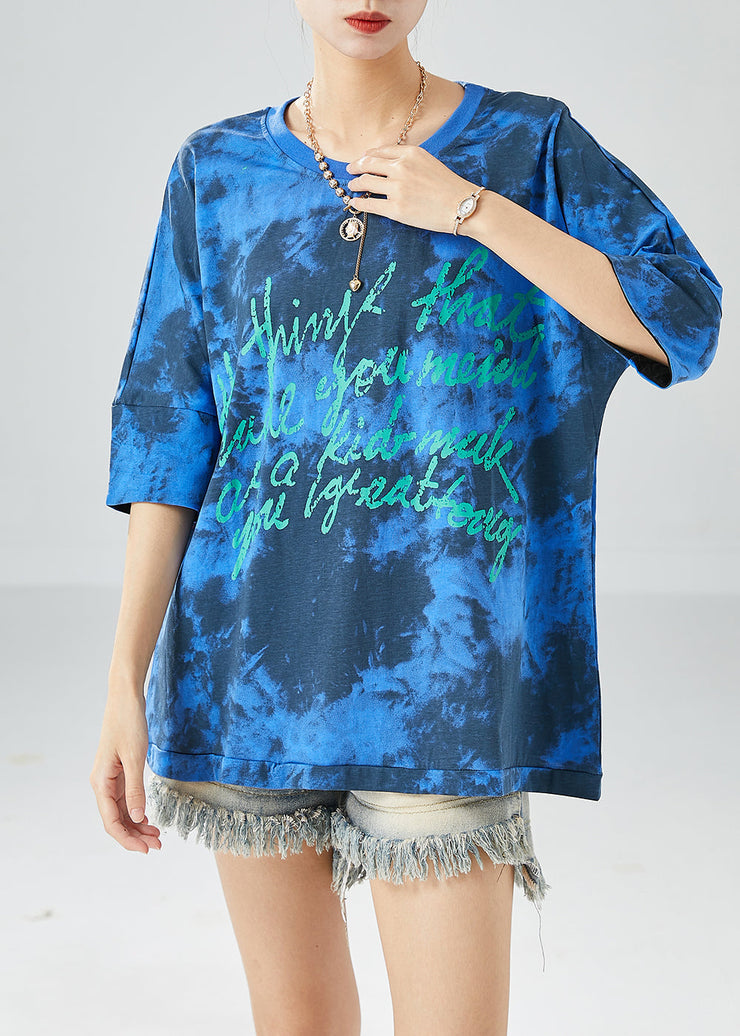 Blue Letter Print Cotton Tank Oversized Tie Dye Summer