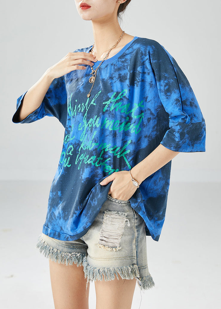 Blue Letter Print Cotton Tank Oversized Tie Dye Summer