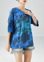 Blue Letter Print Cotton Tank Oversized Tie Dye Summer