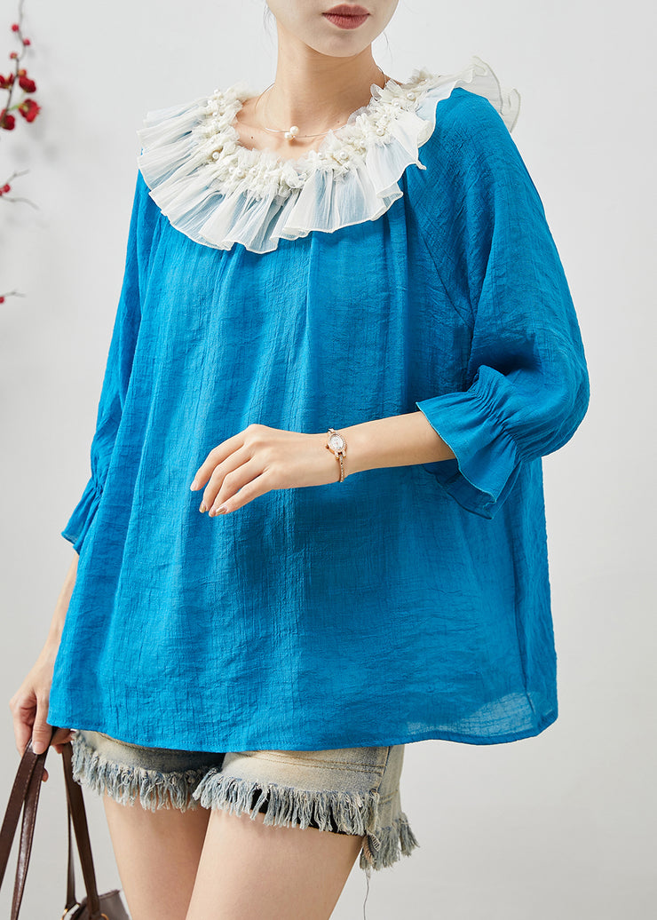 Blue Loose Chiffon Shirt Tops Peter Pan Collar Nail Bead Spring