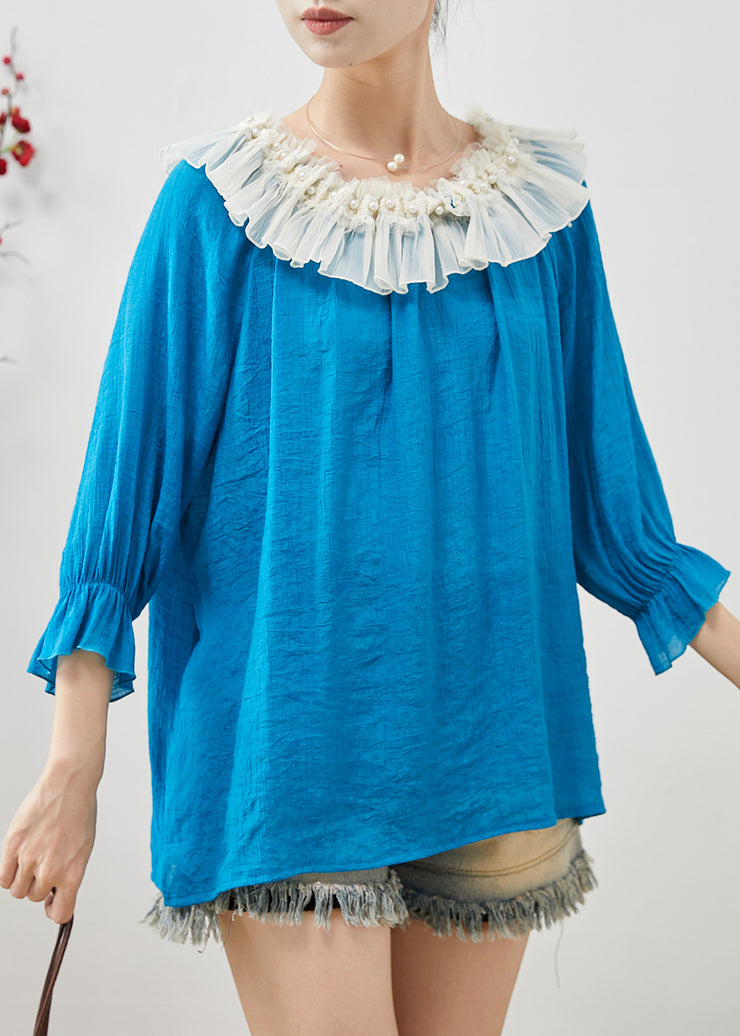 Blue Loose Chiffon Shirt Tops Peter Pan Collar Nail Bead Fall