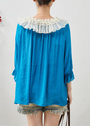 Blue Loose Chiffon Shirt Tops Peter Pan Collar Nail Bead Fall