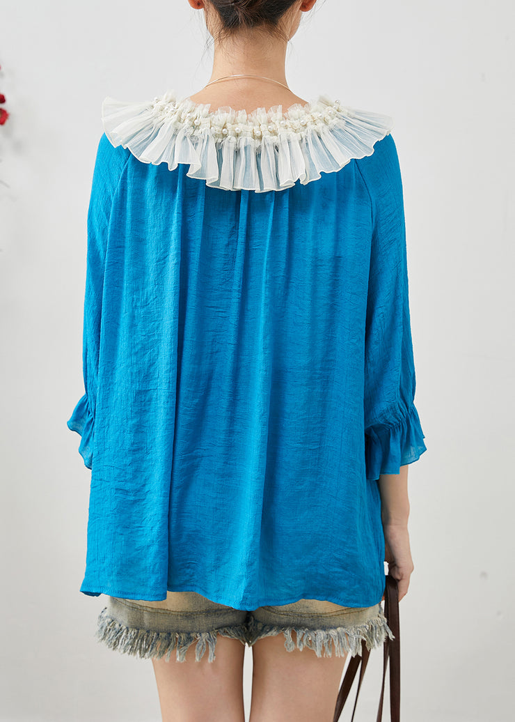 Blue Loose Chiffon Shirt Tops Peter Pan Collar Nail Bead Spring