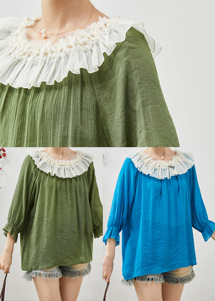 Blue Loose Chiffon Shirt Tops Peter Pan Collar Nail Bead Spring