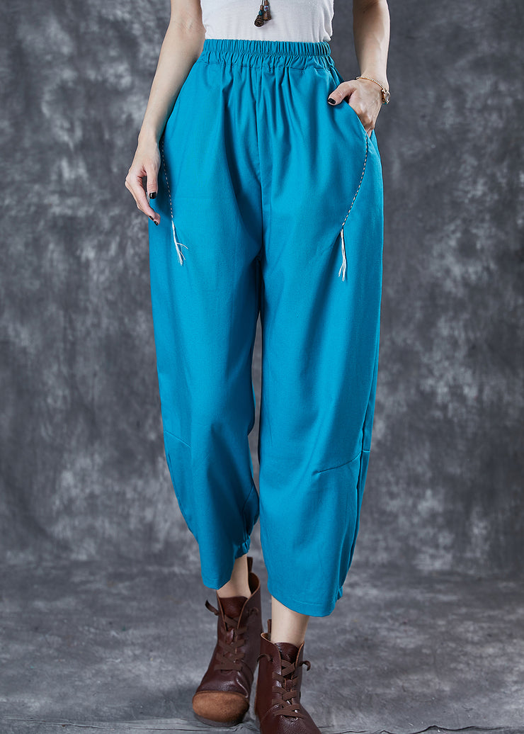Blue Loose Linen Harem Pants Embroidered Summer