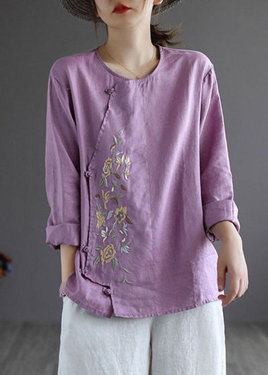 Blue Loose Linen Shirt Tops Embroideried Long Sleeve