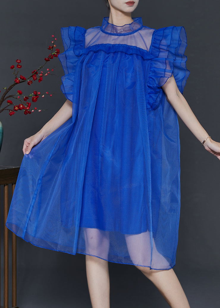 Blue Loose Tulle Tea Dress Stand Collar Butterfly Sleeve