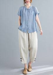 Blue Low High Design Top And Harem Pants Two Pieces Set Short Sleeve