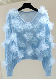 Blue Nail Bead Cotton Knit Sweater Long Sleeve