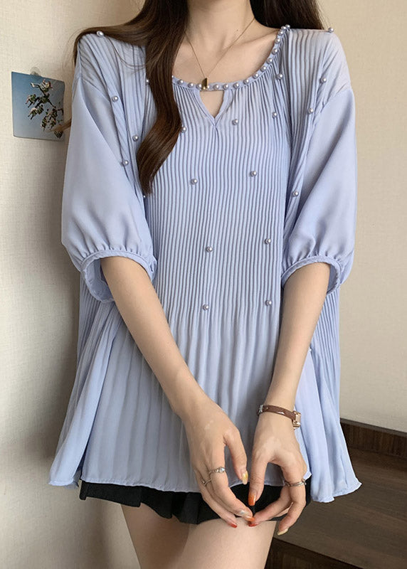 Blue Nail Bead Patchwork Chiffon Blouses O-Neck Half Sleeve