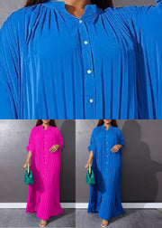 Blue O-Neck Button Vacation Maxi Dresses Long Sleeve