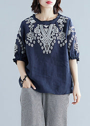 Blue O-Neck Cotton Top Short Sleeve