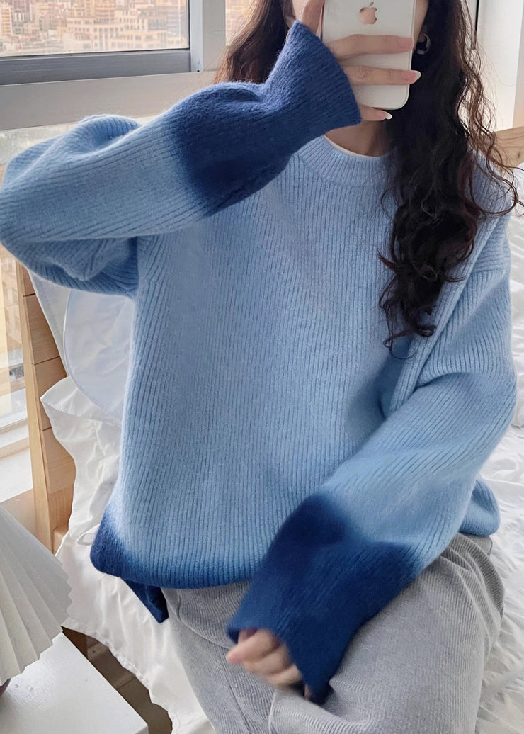 Blue O-Neck Cozy Cotton Knit Sweaters Batwing Sleeve