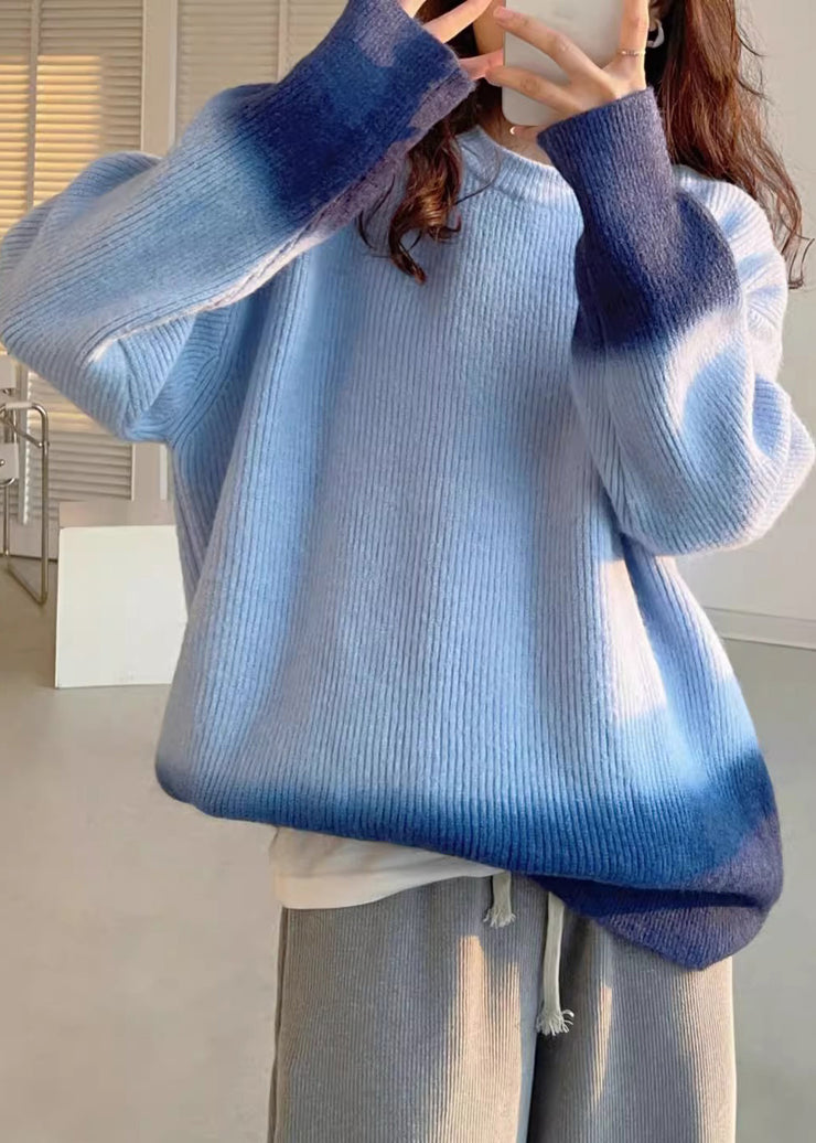 Blue O-Neck Cozy Cotton Knit Sweaters Batwing Sleeve