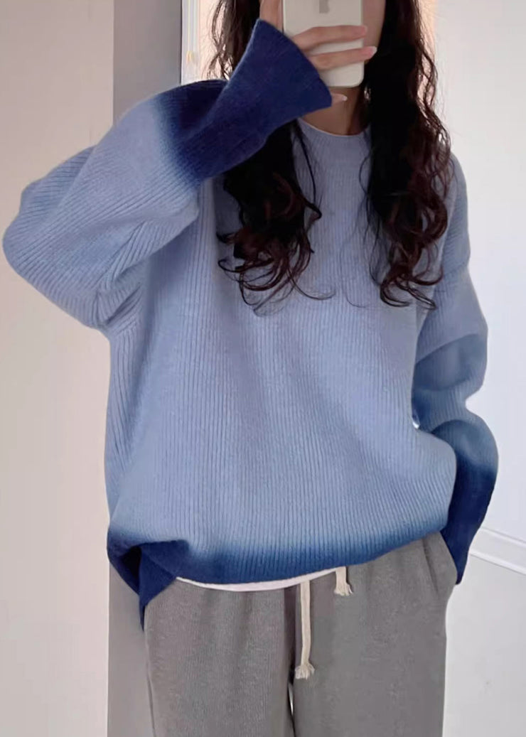 Blue O-Neck Cozy Cotton Knit Sweaters Batwing Sleeve