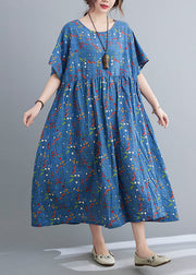 Blue O-Neck Patchwork Maxi Dress Short Sleeve