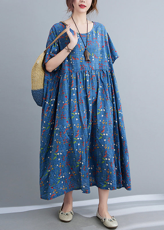 Blue O-Neck Patchwork Maxi Dress Short Sleeve